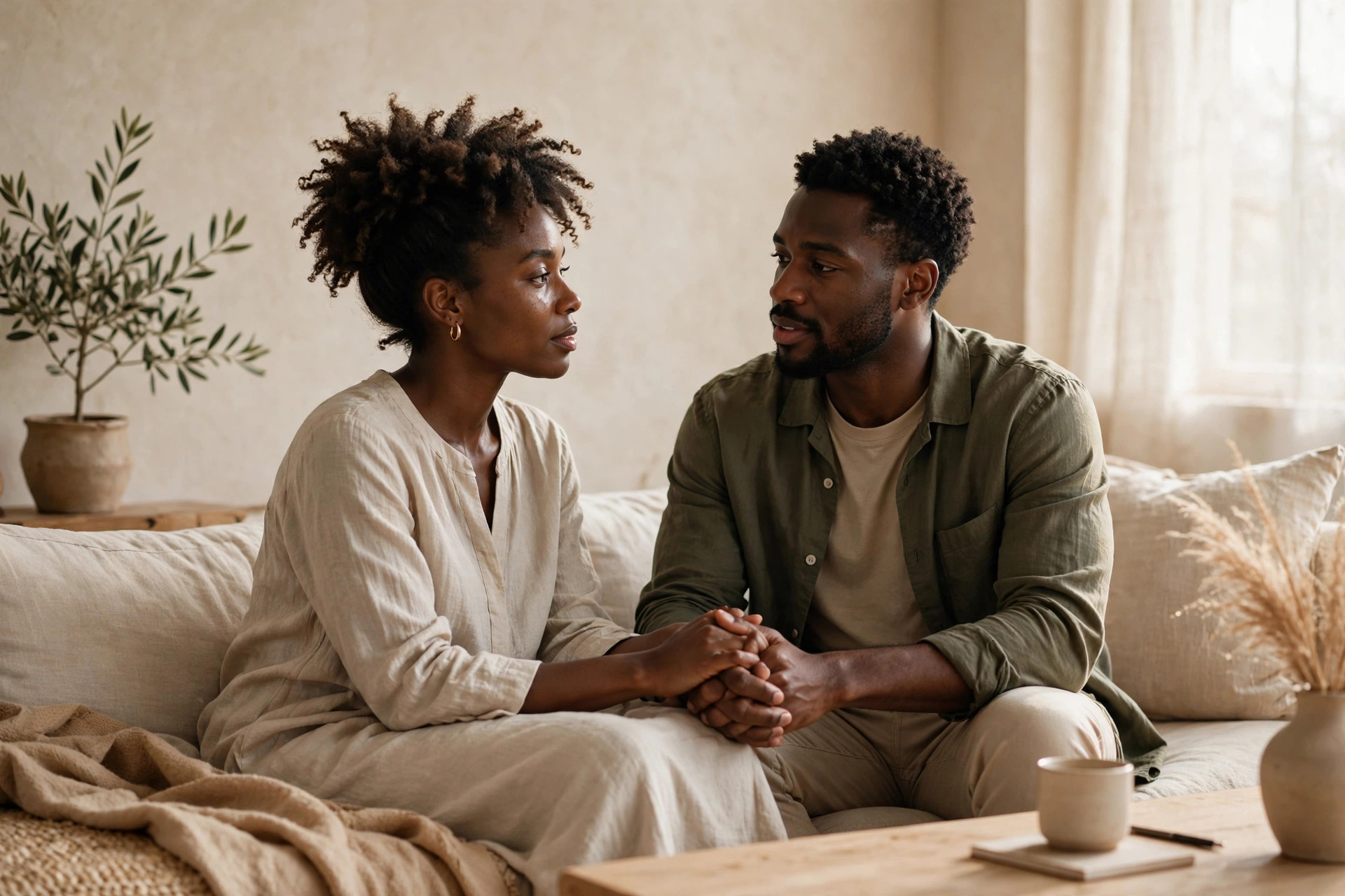 Black couple holding hands in conversation on a sofa