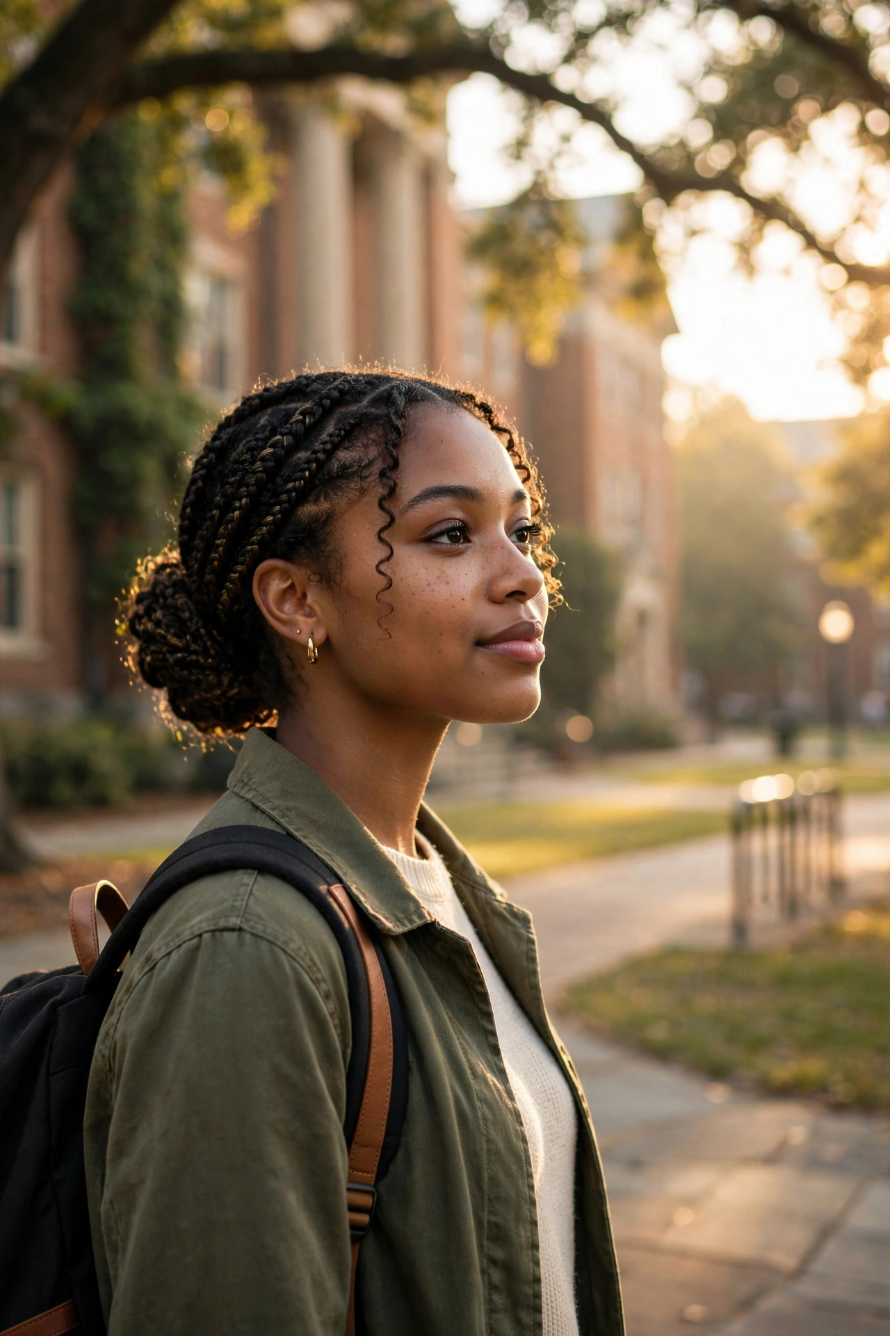 Young Black woman with a backpack on a college campus at golden hour