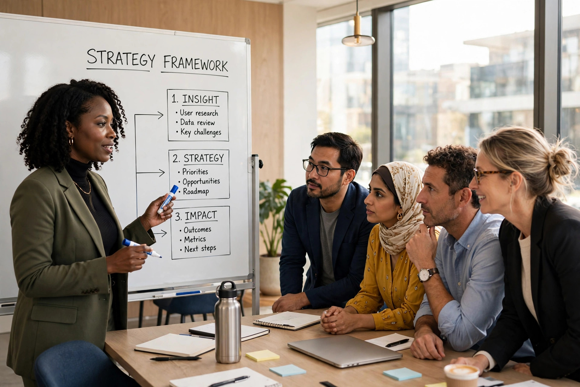 Consultant guiding a leadership team session at a whiteboard