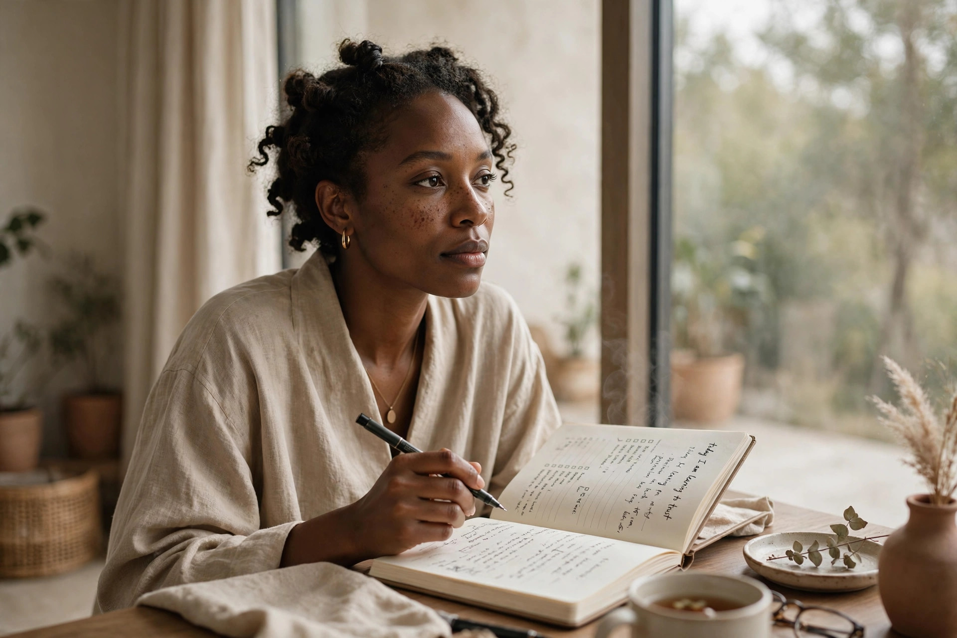 Black woman writing thoughtfully in a journal by a window