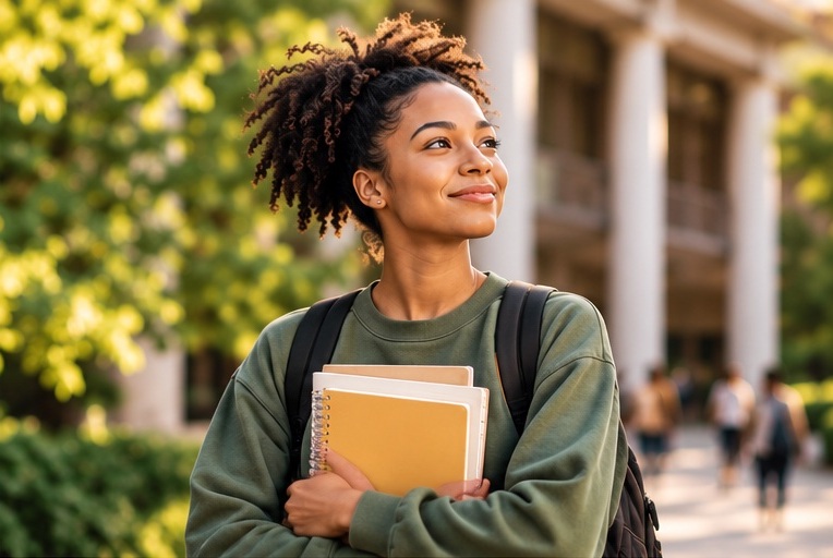 Young Black woman holding notebooks on a college campus, smiling as she looks ahead